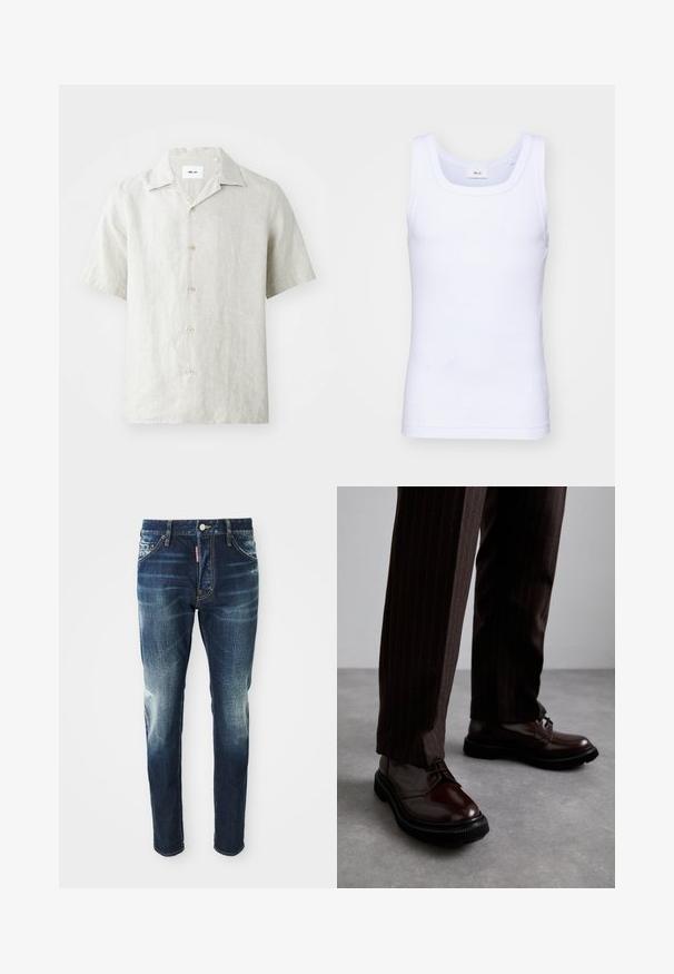 Short-sleeve, light beige linen shirt with a collared neck, five buttons down the front, and a slightly relaxed fit.; White cotton sleeveless tank top with a round neckline, featuring a smooth texture and a fitting shape, designed for casual wear.; Dark blue denim jeans with a slim fit, featuring faded areas on the thighs and knees, five pockets, and a metal button closure.; Brown leather lace-up shoes with a glossy finish, black rubber sole, and subtle stitching. Worn with pinstriped brown trousers.