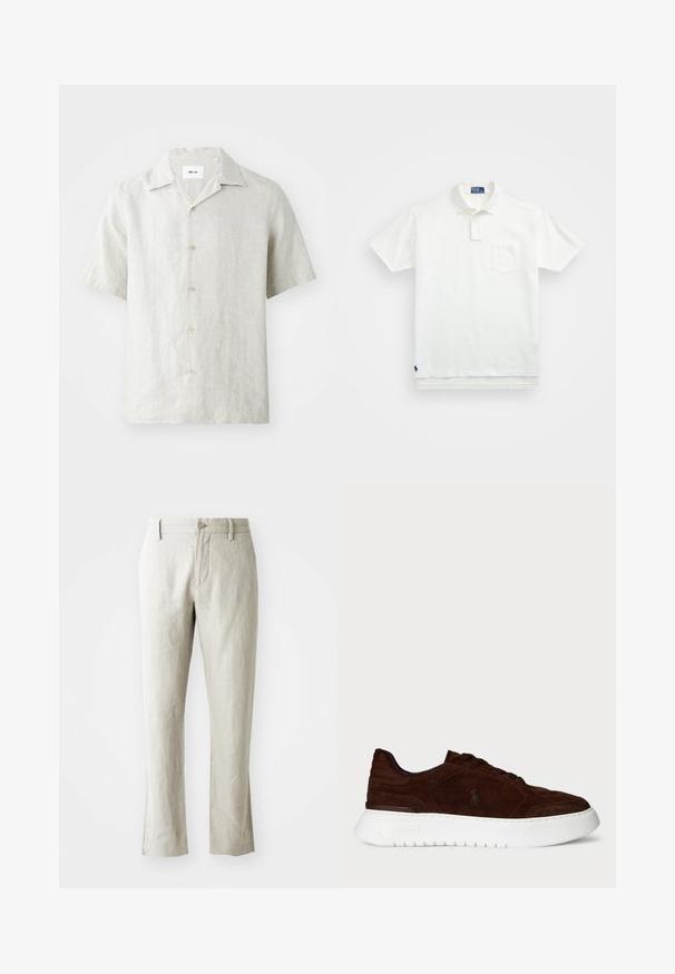 Kortärmad ljusbeige linne skjorta med krage, fem knappar fram och en något avslappnad passform.; Vit polo skjorta i bomull med en klassisk krage, treknapps placket och en bröstficka på vänster sida; liten logga vid fållen.; Ljusbeiga linnebyxor med rak skärning, subtil textur, framknappsstängning och två sidofickor. Skräddarsydda för en ren silhuett.; Mörkbruna mockasneakers med vit tjock sula, snörning och subtil Polo-logga på sidan, sett från utsidan.