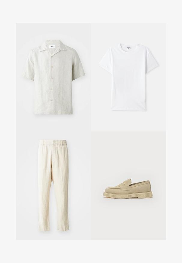 Short-sleeve, light beige linen shirt with a collared neck, five buttons down the front, and a slightly relaxed fit.; White cotton t-shirt, crew neckline, short sleeves, smooth texture, no patterns or accents, simple design, standard fit.; Beige linen trousers with a loose fit, tapered legs, and a flat front. Features an elastic waistband for comfort and minimal seam detailing.; The Antipode COLLEGE - Moccasins - ivory