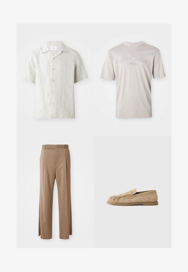 Short-sleeve, light beige linen shirt with a collared neck, five buttons down the front, and a slightly relaxed fit.; Light beige short-sleeve t-shirt made of soft fabric, featuring embroidered "Emporio Armani Milano" logo in a slightly darker shade.; Light brown tailored trousers with straight legs, belt loops, front seam, and concealed fastening, displayed flat on white background.; Beige suede slip-on loafers with a gathered design, featuring a flat sole and a decorative strap across the vamp. Smooth texture.