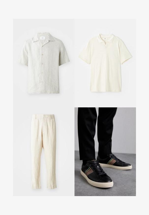 Short-sleeve, light beige linen shirt with a collared neck, five buttons down the front, and a slightly relaxed fit.; Cream-colored polo shirt with a classic collar, short sleeves, and a slight v-split at the neckline. Smooth texture and minimal design.; Beige linen trousers with a loose fit, tapered legs, and a flat front. Features an elastic waistband for comfort and minimal seam detailing.; Black leather sneakers with multicolored striped accents, round toe, and white rubber soles, featuring lace-up design and embossed branding.