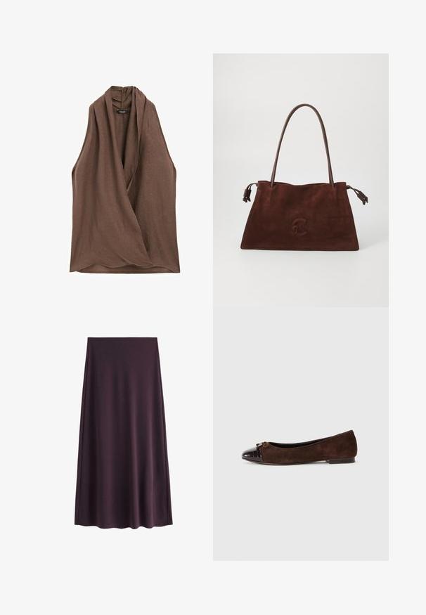 Massimo Dutti CROSSOVER HALTER NECK - Bluse - dark brown; Lila Rock aus glattem Stoff, mit einer A-Linie Silhouette und einem knielangen Saum, ohne sichtbare Muster oder Verschlüsse.; Braune Wildleder-Balletschuhe mit einer glänzenden dunkelbraunen Lackleder-Zehenkappe und einem kleinen Schleifenakzent vorne. Flacher Absatz.; Braune Wildleder-Shopper-Tasche mit doppelten Ledergriffen, weicher Textur, flacher Form und einem dezenten geprägten Logo auf der Vorderseite.
