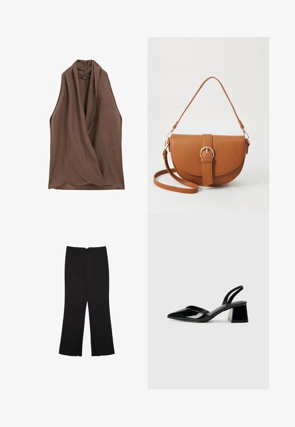 Massimo Dutti CROSSOVER HALTER NECK - Blouse - dark brown; Zwarte broek met een rechte pasvorm, voorzien van zijzakken en plooien aan de onderzijde. Gemaakt van zachte, gladde stof. Geschikt voor verschillende gelegenheden.; Zwarte gepatineerde leren slingback hakken met een spitse neus en een geometrische blokhak. Kenmerkt zich door een slank, minimalistisch ontwerp en een gladde textuur.; Bruine leren schoudertas met een gebogen vorm, gouden hardware en een gespaccent. Bevat een afneembare schouderriem.