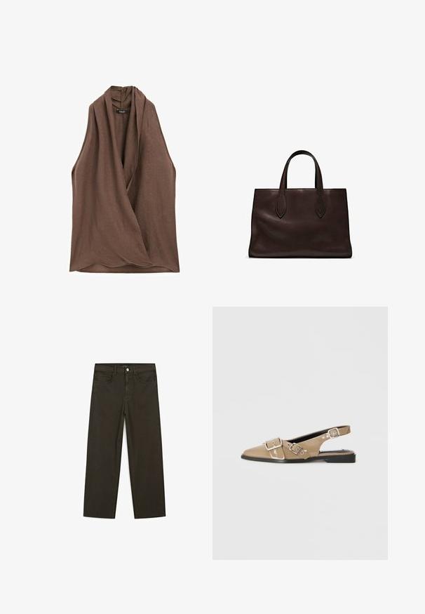 Massimo Dutti CROSSOVER HALTER NECK - Bluse - dark brown; Dunkelgrüne Jeans im weit geschnittenen Style, hergestellt aus einem Baumwollgemisch. Sie verfügen über einen Frontknopfverschluss, fünf Taschen und klassische Denim-Nähte.; Beige patentierte Slingback-Schuhe mit spitzem Zehenbereich, zwei verstellbaren Schnallen und einem niedrigen schwarzen Absatz. Glatte Textur mit glänzender Oberfläche.; Braune Ledertasche mit zwei langen Griffen, strukturierte rechteckige Form, glatte Textur und dezente Nähdetails.