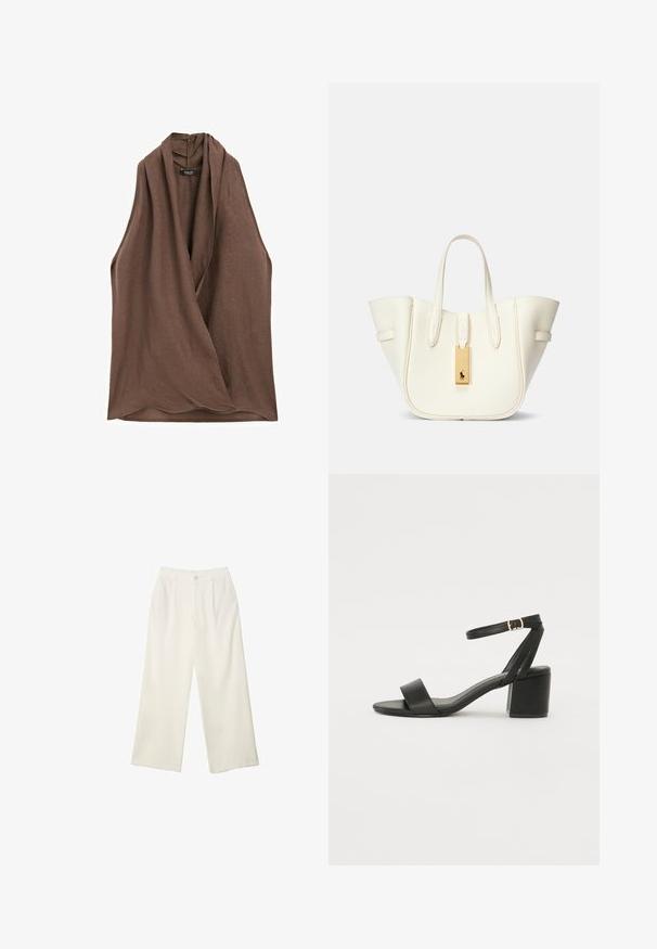 Massimo Dutti CROSSOVER HALTER NECK - Bluse - dark brown; Helle Stoffhose mit weitem Bein und glatter Textur, ausgestattet mit einem einzelnen Knopf vorne, dezenten Falten und einem Hochbund-Design.; Schwarze High Heels Sandalen mit einem glatten Lederoberteil, offener Zehenpartie, breiten Vorderstraps und verstellbarem Knöchelriemen mit einem goldenen Schnallen-Detail.; Weißer Leder-Umhängetasche mit strukturierter Form, auffälliger Naht, goldfarbener Hardware-Tag und doppelten Griffen. Texturierte Oberfläche mit Seitentaschen.