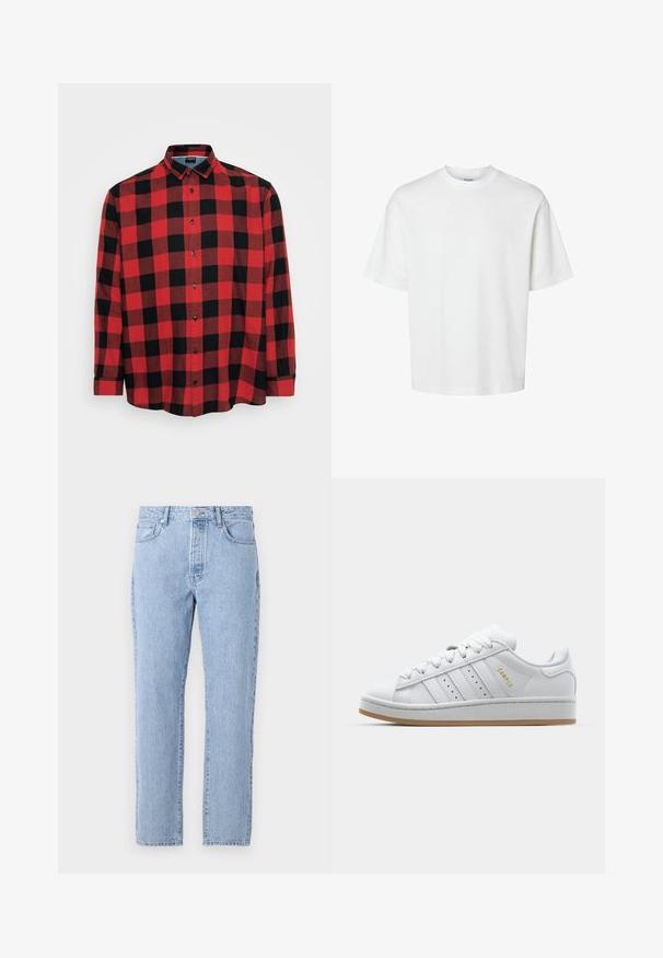Rød og svart rutete skjorte med lange ermer, laget av bomull, med krage som kan kneppes, svarte knapper, preget av et stort ruterskjematisert mønster og buet kant.; Hvit bomull t-skjorte med korte ermer, rund hals og avslappet passform. Glatt tekstur uten synlige mønstre eller detaljer.; Lyseblå denimjeans med rett ben-design, fem lommer og knappestolpe-åpning. Myk tekstur med en klassisk utvasket finish.; Hvit sneaker med perforert tre-stripes design, teksturerte detaljer, gummisåle og "CAMPUS" logo i gull på siden.