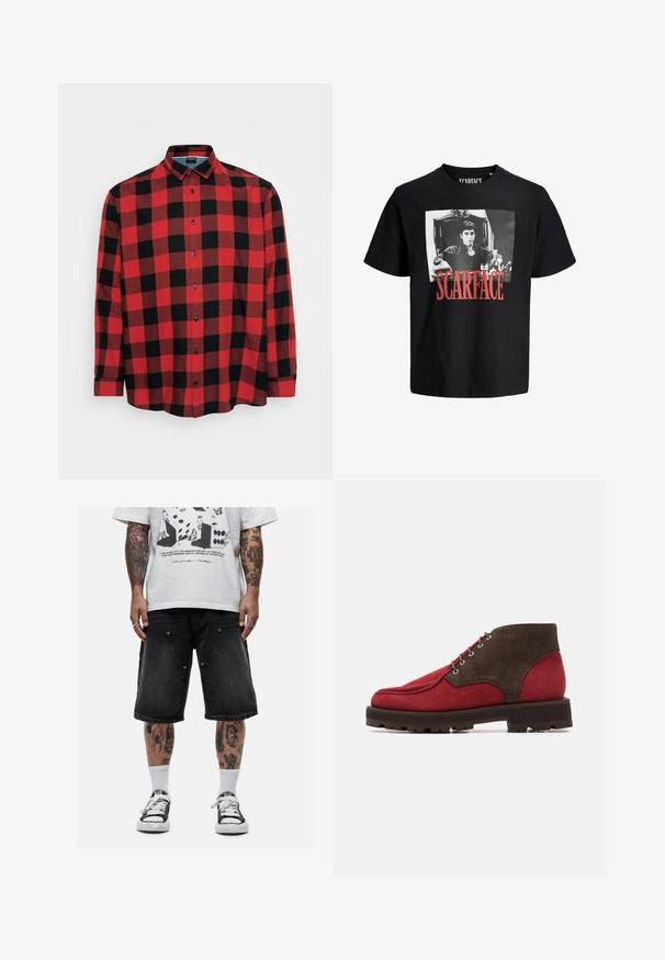 Czerwona i czarna koszula w kratę z długim rękawem, wykonana z bawełny, z kołnierzykiem zapinanym na guziki, czarnymi guzikami, dużym wzorem w kratę i zaokrąglonym dołem.; Czarny bawełniany t-shirt z wyraźną białą grafiką przedstawiającą mężczyznę w krześle. Pod obrazem znajduje się napis "SCARFACE" wydrukowany dużymi czerwonymi literami.; Good For Nothing - Szorty jeansowe; Czerwone i brązowe zamszowe botki za kostkę z zaokrąglonym noskiem, metalowymi oczkami i teksturowaną czarną gumową podeszwą. Charakteryzują się kontrastującymi górnymi panelami.