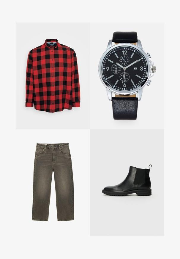 Röd och svart rutigt långärmad skjorta, av bomullsmaterial, med knapp-ned krage, svarta knappar, med ett stort rutmönster och rundad nederkant.; Vida jeans i blekt grå denim med en lätt lyster. Har två framfickor och en knappknäppning. Horisontell sömnad på midjebandet.; Jack & Jones JFWHOSKINS - Stövletter - anthracite; Svart läderremms klocka med ett hölje av silverfärgad rostfritt stål. Den svarta urtavlan har vita timmarkeringar, silverfärgade visare och tre sub-dialer.