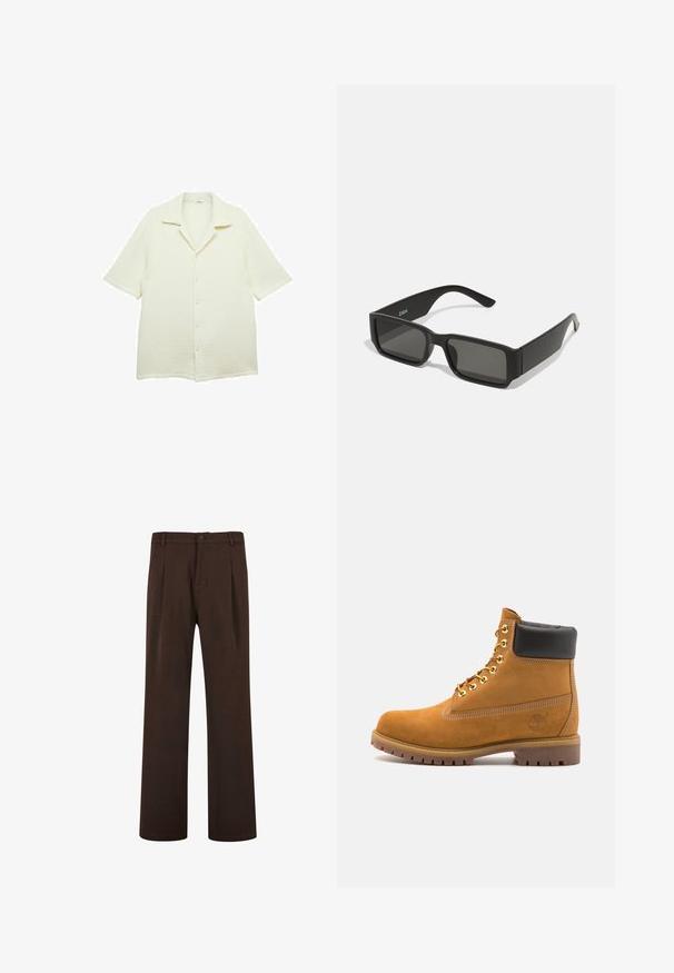 Dobber TOM OVERSIZED STRUCTURE POLO SHIRT - Skjorter - off white; Brune bukser med lige ben-design, der har knaplukning og folder, lavet af glat stof. Ingen synlige lommer eller mønstre.; Tan nubuck ankelstøvle med sort polstret krave, gyldne metaløjer, hvid syning detaljer og robust gummisål med udtalte slidbaner.; Sorte solbriller med rektangulære linser, mat plastikramme og lige kanter. Har brandlogo på den indvendige arm.