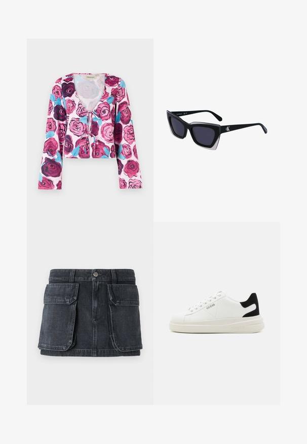 Cvetlična kratka majica z rožnatim ozadjem in živahnimi vzorci vrtnic v odtenkih burgundske in modre barve, dolgi široki rokavi in v-izrezom.; Črna bombažna majica s krojenjem, kratkimi rokavi in okroglo ovratnikom. Ima kontrastni ovalni logotip na prsih.; Črna denim krila s prilega pasom, zapiranjem na gumb, dvema velikima sprednjima žepoma in kontrastnim šivanjem.; Bele usnjene športne copate z debelim belim podplatom, črnimi semišnimi detajli na peti in utisnjenim logotipom na strani. Zavezovanje s šestimi luknjicami.; Črne prevelike sončne očala geometrijske oblike, z temnimi lečami in kontrastno sivo podrobnostjo na okvirju. Logo na ročaju.