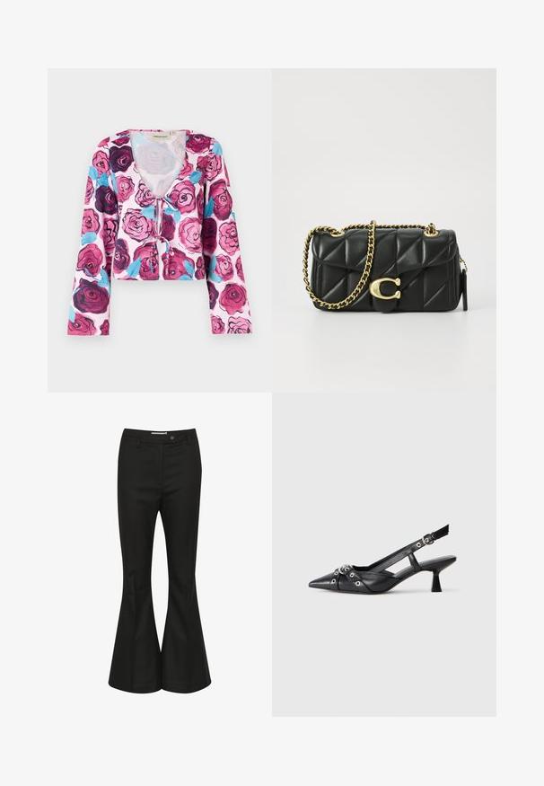 Gėlių trumpas topas su rožiniu fonu ir ryškiomis rožių raštais, kuriuose vyrauja bordo ir mėlynos spalvos, su ilgomis varpo formos rankovėmis ir v-formos iškarpa.; Juodos platėjančios kelnės, pagamintos iš lygaus audinio, turinčios aukštą juosmenį, priekinį sagčių užsegimą ir elegantišką, pritaikytą dizainą.; Juodas odinis slingback tipo batai su smailiu priekiniu atvartu, dekoratyvinėmis sagtimis su metaliniais akyčiais ir žemu blokiniu kulnu. Saldus paviršius.; Juodas kvadratinis odinis rankinė su auksine grandine ir užsegimu su apskritimu. Kompaktiška stačiakampio formos.