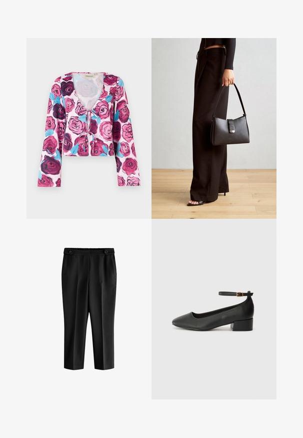 Kwiatowy crop top z różowym tłem, ozdobiony żywymi wzorami róż w odcieniach burgundu i niebieskiego, z długimi dzwonowymi rękawami oraz dekoltem w kształcie litery V.; Czarne, krótkie spodnie o luźnym kroju, z elastycznym pasem i dwoma przednimi kieszeniami. Tkanina ma gładką teksturę z lekko połyskującym wykończeniem.; Czarne skórzane szpilki z ostrym noskiem i niskim słupkowym obcasem. Wyposażone w pasek na kostkę z złotym zapięciem. Gładka tekstura.; Czarna torebka o usztywnionym kształcie, gładkiej fakturze i metalowym zapięciem. Połączona z szerokimi czarnymi spodniami i sandałami na otwartym palcu na drewnianej podłodze.