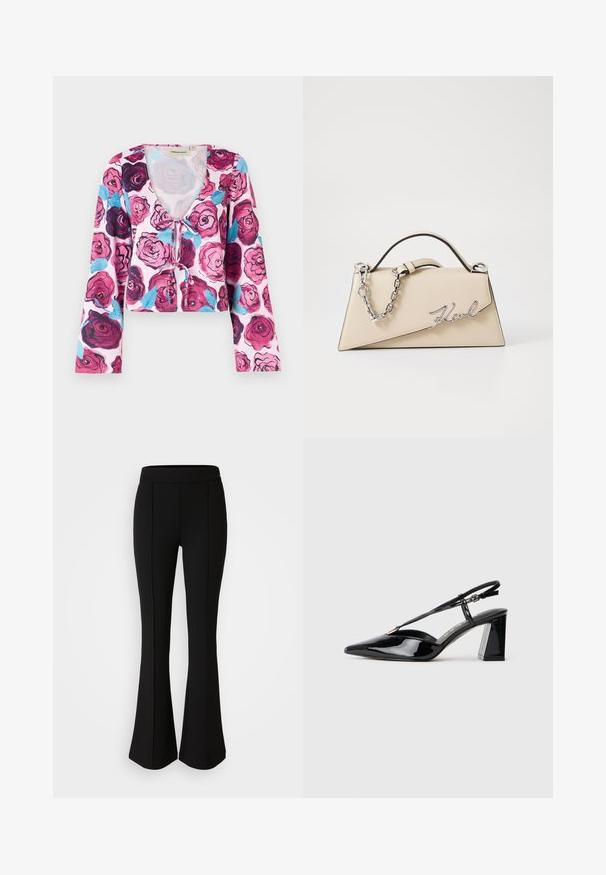 Blumiges, kurzes Oberteil mit pinkem Hintergrund und lebhaften Rosenmustern in Burgunder- und Blautönen, mit langen Glockenärmel und V-Ausschnitt.; Schwarze, ausgestellte Hose aus einem dehnbaren Material mit glatter Textur, ausgestattet mit Nahtdetails an der Vorderseite für ein zusätzliches Designelement.; Schwarze lackleder Slingback-High-Heels mit spitz zulaufender Zehenpartie, verstellbarem Riemen und klobigem rechteckigem Absatz.; Beige Leder-Handtasche mit einer strukturierten, dreieckigen Form, ausgestattet mit einem silbernen Kettenhenkel und einem geschwungenen Logo aus Metall.