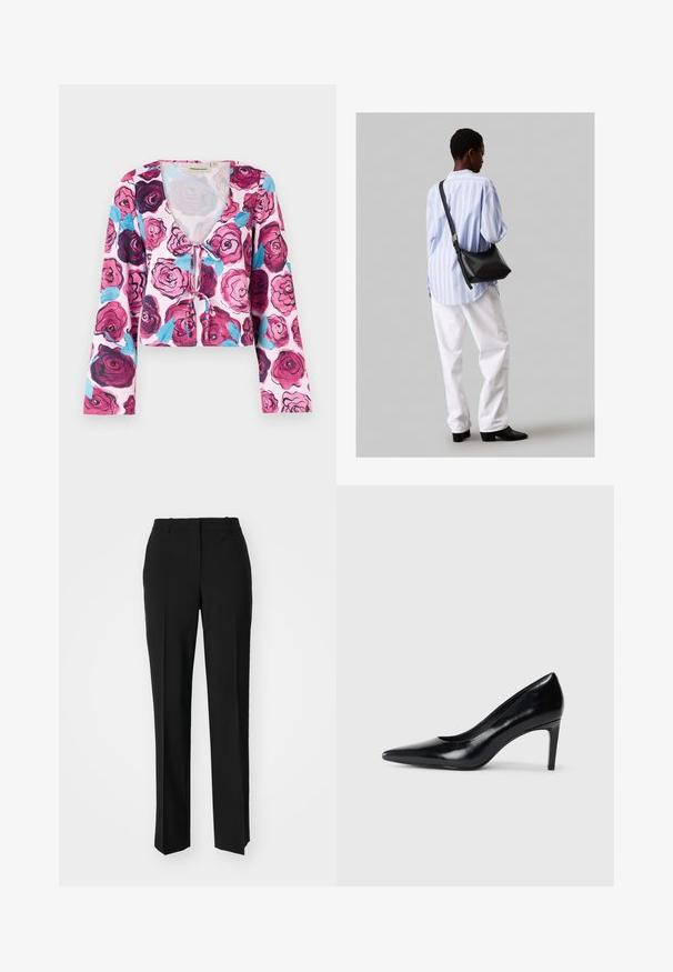 Kwiatowy crop top z różowym tłem, ozdobiony żywymi wzorami róż w odcieniach burgundu i niebieskiego, z długimi dzwonowymi rękawami oraz dekoltem w kształcie litery V.; Czarne spodnie o dopasowanym kroju z prostymi nogawkami, o gładkiej fakturze i wyraźnych zagięciach z przodu. Bez widocznych elementów metalowych.; Czarna skórzana szpilka z ostrym noskiem, gładką fakturą i zwężającym się obcasem. Minimalistyczny design, bez dodatkowych zdobień.; Czarna skórzana torba na ramię o miękkiej fakturze, w kształcie trójkąta, z regulowanym paskiem, połączona z jasnoniebieską koszulą w paski i białymi spodniami.