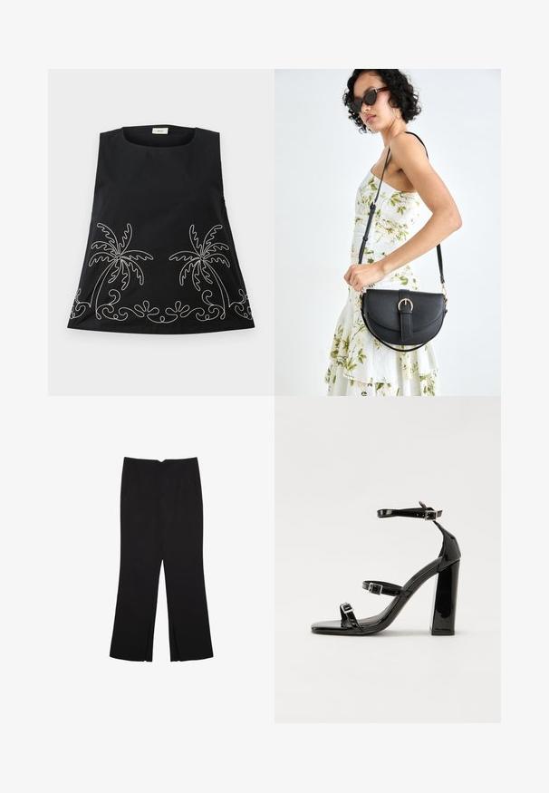 Top senza maniche di colore nero con scollo rotondo, caratterizzato da palme ricamate in bianco e motivi decorativi lungo l'orlo.; Pantaloni neri a gamba dritta, con tasche frontali e spacchi laterali all'orlo. Realizzati in tessuto morbido e liscio. Adatti a diverse occasioni.; Sandali con tacco in vernice nera, con punta squadrata, cinturini alla caviglia e fibbie in argento. Presentano un tacco a blocco spesso per maggiore stabilità.; Borsa a tracolla nera in pelle con una forma curva, manico rimovibile e accessori dorati. La borsa presenta una patta con un dettaglio a fibbia.