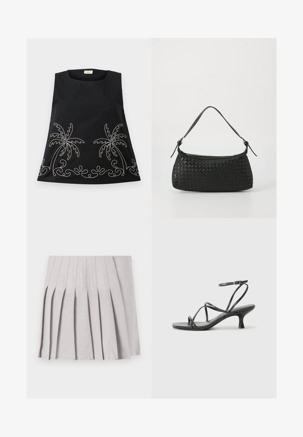 Črna brezrokavnik s krožnim izrezom, ki ima bele vezenine palm in dekorativne spirale ob robu.; Siva plisirana krila z gladko teksturo, ki ima več navpičnih gub in prilegajoč pas. Narejena iz lahkega materiala.; Črne sandale na peto z tankimi trakovi, odprto zasnovo na prstih in majhno, rahel okrogel peto. Material se zdi gladek in sijoč.; Črna tkana torba za ramo s gladkim usnjenim trakom in zadrgo. Ima teksturirano površino in ukrivljeno obliko.