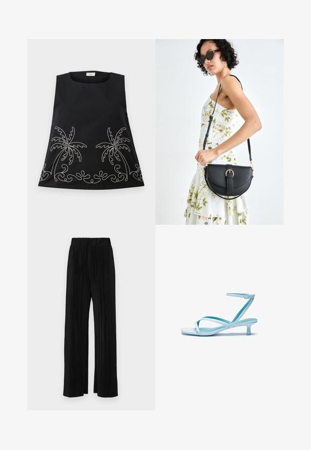 Black sleeveless top with a rounded neckline, featuring white embroidered palm trees and decorative swirls along the hem.; Black pleated trousers with an elastic waistband. Features wide legs and a smooth, textured fabric with vertical stripes.; Light blue strappy sandal with a square toe, low heel, adjustable ankle strap, and smooth, glossy finish. Crossed straps on the footbed.; Black leather handbag with a curved shape, detachable strap, and gold hardware. The bag features a flap with a buckle detail.
