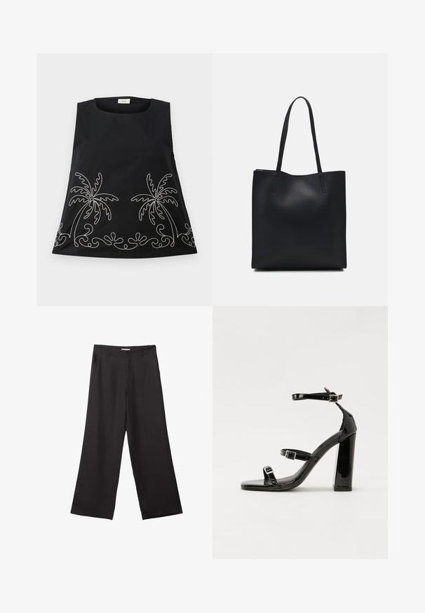 Črna brezrokavnik s krožnim izrezom, ki ima bele vezenine palm in dekorativne spirale ob robu.; Črne široke hlače iz gladkega materiala, z sprednjim zadrgo in dvema stranskima žepoma, s prilagojenim krojem in minimalističnim dizajnom.; Črne lakirane sandale s peto, kvadratnim prstom, trakovi okrog gležnja in srebrnimi zaponkami. Opremljene so s stabilno Debelo peto.; Črna usnjena torba s svilnato teksturo, pravokotne oblike in dvema dolgima ročajema. Brez vidnih metalnih delov ali okrasnih elementov.