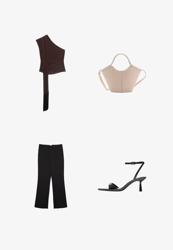 Top marrone asimmetrico in tessuto liscio, con una spalla sola, una manica lunga drappeggiata e un dettaglio orlo frangiato.; Pantaloni neri a gamba dritta, con tasche frontali e spacchi laterali all'orlo. Realizzati in tessuto morbido e liscio. Adatti a diverse occasioni.; Bershka Sandali con tacco - black; Borsa in pelle beige con una forma unica, caratterizzata da due manici corti e una lunga tracolla regolabile. Texture liscia con hardware minimale.