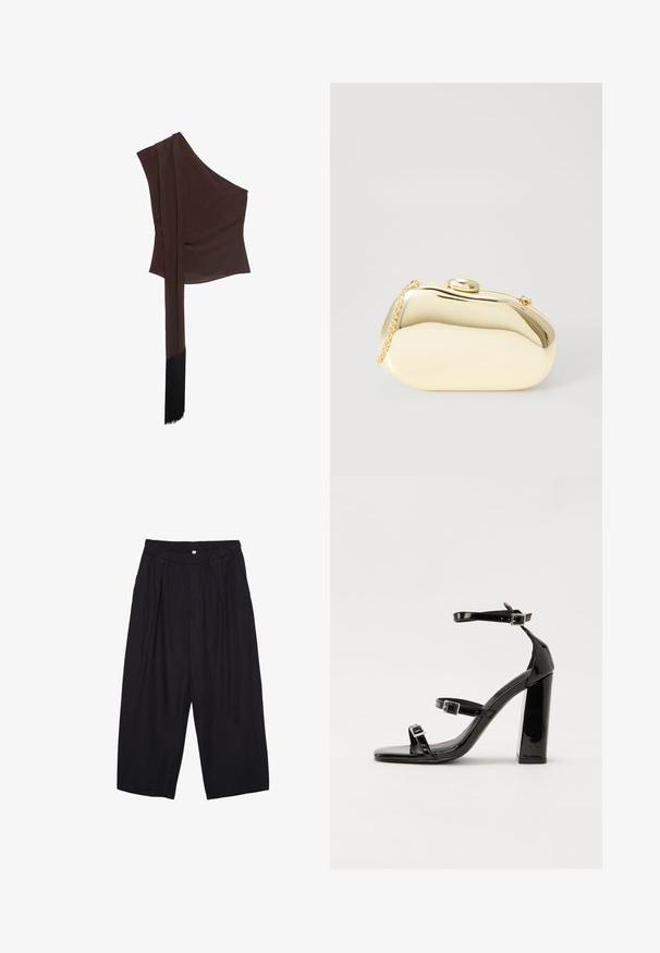 Asymetryczna brązowa bluzka z gładkiego materiału, z jednym ramieniem, z drapowanym długim rękawem i frędzlami na dole.; Czarne spodnie culotte z poliestru z elastycznym pasem, dwoma fałdami z przodu i luźnym krojem. Brak widocznych wzorów lub elementów metalowych.; Czarne lakierowane sandały na obcasie z kwadratowym noskiem, z paskami wokół kostki i srebrnymi klamrami. Posiadają masywny słupek dla stabilności.; Metaliczna złota kopertówka o gładkim, zaokrąglonym kształcie, z górnym zapięciem na guzik i małym łańcuszkiem do noszenia.