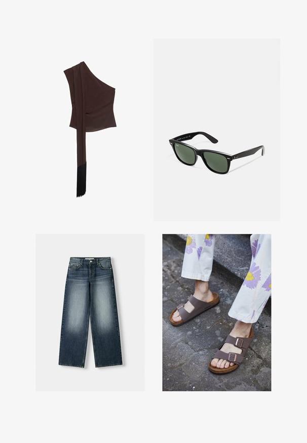 Asimetrična rjava bluzica iz gladkega materiala, z eno ramo, drapirano dolgo rokavico in robom s franžami.; Široke denim hlače v temno modri barvi, z učinkom zbledelosti. Oblika s petimi žepi, z gumbom za zapiranje in zankami za pas.; Rjave ravne sandale z dvema širokima trakoma in kovinskimi sponkami; pluteča podplat; teksturirana notranjost; oblečene z svetlo obarvanimi, cvetličnimi hlačami.; Črne plastične sončna očala z zelenimi lečami, kvadratni okvirji, srebrni detajl na obrvi in teksturirani ročaji. Blagovna znamka navedena na notranji strani ročaja.; Metalna zlata torbica z gladko, zaobljeno obliko, opremljena z zgornjim gumbom in majhnim verižnim ročajem za nošenje.