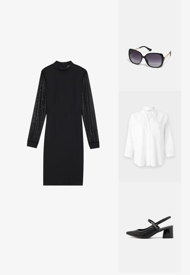 Balta lininė marška su apykakle, ilgomis rankovėmis ir dviem priekinėmis kišenėmis. Yra mygtukų uždarymas ir atsipalaidavęs, šiek tiek išlenktas apatinis kraštas.; Juoda suknelė su prigludusia viršutine dalimi ir ilgomis permatomomis tekstūruotomis rankovėmis. Pasižymi aukštu apykakle ir paprasta, lygiu siluetu.; Juodi patentinio odos slingback aukštakulniai su smailiu pirštu, apvaliu išpjovimu ir blokiniu kulnu. Papuošti auksiniu juostos akcentu.; Juodos didelės saulės akinių su pereinamais objektyvais, storomis rėmeliais ir auksinės spalvos grandinėmis ant šventyklų.; Juodas rankinė struktūrizuota forma, lygi tekstūra ir metalinis užsegimas. Suporuota su plačiomis juodomis kelnėmis ir atvirais bateliais ant medinių grindų.