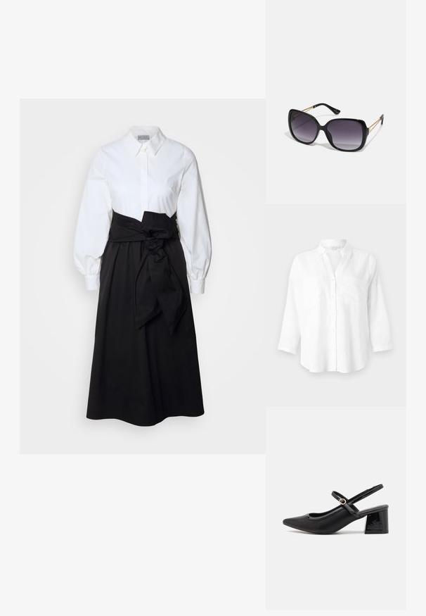 Chemise en lin blanc avec col, manches longues et deux poches avant. Dotée d'une fermeture à boutons et d'un ourlet inférieur détendu, légèrement courbé.; Chemisier blanc à manches bouffantes longues, associé à une jupe noire et une ceinture en tissu nouée à la taille, fabriqué en coton lisse.; Escarpins slingback en cuir verni noir avec un embout pointu, un design à découpes arrondies et un talon carré. Présente un accent de boucle en ton doré.; Lunettes de soleil noires surdimensionnées avec des verres dégradés, monture épaisse et détails en chaîne dorée sur les branches.; Sac fourre-tout noir en matériau synthétique, avec un design rectangulaire simple, des accents carrés dorés et des doubles poignées.