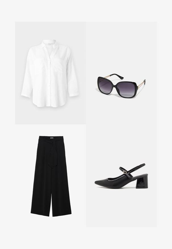 Chemise en lin blanc avec col, manches longues et deux poches avant. Dotée d'une fermeture à boutons et d'un ourlet inférieur détendu, légèrement courbé.; Pantalons larges noirs en tissu texturé, avec une taille élastique et une ceinture à nouer amovible à la taille pour un ajustement variable.; Escarpins slingback en cuir verni noir avec un embout pointu, un design à découpes arrondies et un talon carré. Présente un accent de boucle en ton doré.; Lunettes de soleil noires surdimensionnées avec des verres dégradés, monture épaisse et détails en chaîne dorée sur les branches.; Sac à main noir à la forme structurée, texture lisse et fermoir métallique. Associé à un pantalon noir ample et des sandales ouvertes sur un sol en bois.