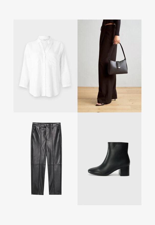 Camicia di lino bianca con colletto, maniche lunghe e due tasche frontali. Dotata di chiusura a bottoni e orlo inferiore leggermente curvo e rilassato.; Pantaloni in pelle nera con una texture liscia, caratterizzati da un fit dritto, due tasche frontali e dettagli delle cuciture in evidenza.; Stivali neri in pelle fino alla caviglia con punta appuntita e tacco spesso. Texture liscia con minimi dettagli e un design elegante e aderente.; Borsa nera con forma strutturata, texture liscia e una chiusura metallica. Abbinata a pantaloni neri larghi e sandali open-toe su un pavimento in legno.