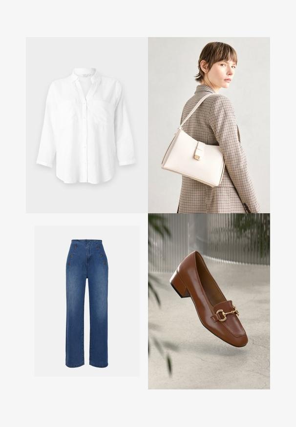Camicia di lino bianca con colletto, maniche lunghe e due tasche frontali. Dotata di chiusura a bottoni e orlo inferiore leggermente curvo e rilassato.; Jeans in denim a vita alta di un blu medio. Presentano dettagli con bottoni frontali e un design a gamba ampia. Il tessuto ha una texture liscia con un leggero sbiadimento.; Mocassino in pelle verniciata marrone con punta quadrata, accentato da catena metallica e tacco basso; texture liscia, design minimalista.; Borsa a mano in pelle bianca con un design strutturato, presente di un clasp magnetico e una tracolla, esposta su uno sfondo neutro.