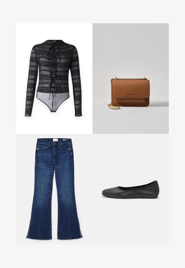 Hofmann Copenhagen EXCLUSIVE MIRELLA - Pluus - black; Tumedat sinised laiad teksad, mis on valmistatud denimist. Omavad kõrget vööd, eesmine taskud ja lõhikud hemmi juures. Klassikaline viie-tasku disain.; Musthave mustika tantsutossud mustast nahast, ümmarguse varbaga, siledast tekstuurist, minimaalse õmblusdetailiga ja paindliku tallakujundusega.; Pruun tekstureeritud nahk ristkeha kott kuldse ahelaga rihmaga ja klapiga sulgemine. Esiküljel on logo detail ja tasku klapi all.