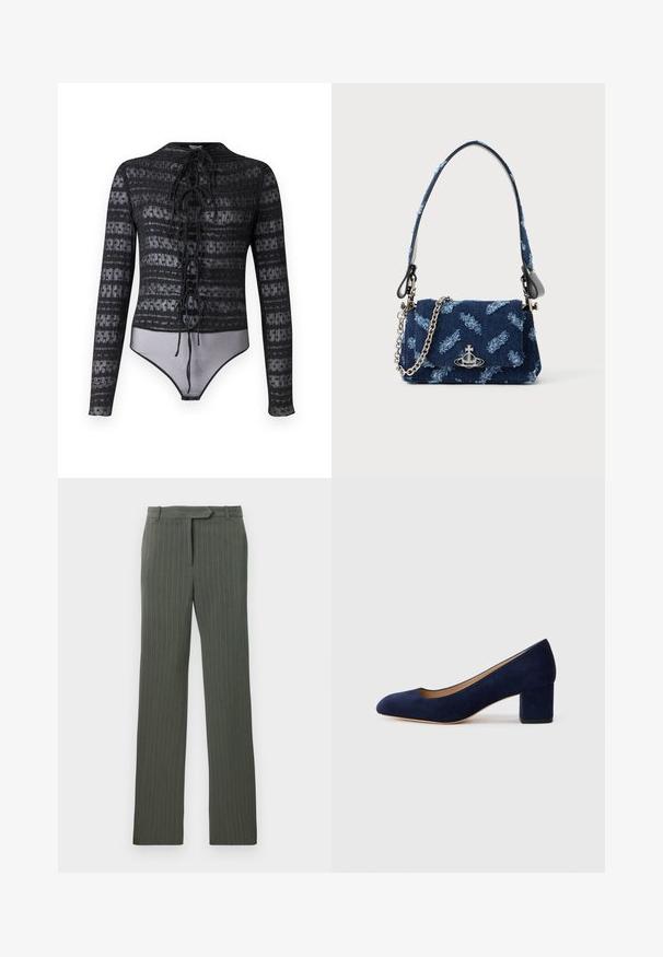 Hofmann Copenhagen EXCLUSIVE MIRELLA - Palaidinė - black; Tamsiai pilkos dryžuotos pritaikytos kelnės su diržo kilpomis ir tiesiu kojų fasonu, išskleistos ant balto fono.; Tamsiai mėlynos zomšos bateliai su smailiu nykščiu ir vidutinio aukščio blokiniu kulnu. Lygi tekstūra su subtiliu blizgesiu ir mažas įpjovimas priekyje.; Tamsiai mėlynas audinio rankinukas su tekstūruotu dizainu, sidabrinės spalvos detalėmis ir nuimama grandinėle. Yra užsegimas ant ventiliatoriaus ir logotipo akcentas.