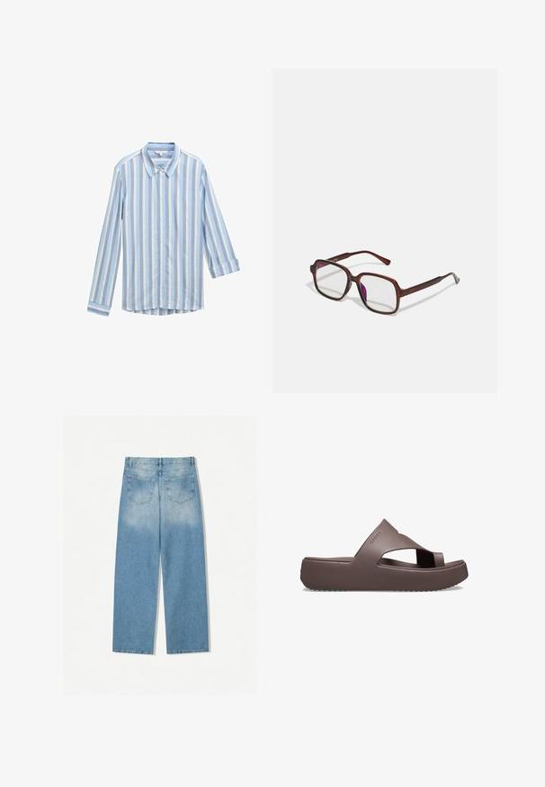 Light blue button-up shirt with vertical white and darker blue stripes, long sleeves rolled at the cuffs, and a classic collar design.; Light blue denim jeans with a straight leg design, featuring two back pockets and a faded texture at the upper sections.; Brown platform sandals with rubber material, featuring a cross-strap design, open toe, and textured sole for grip. Logo on the side.; Brown, rectangular eyeglasses with transparent lenses and purple tints. Smooth plastic frame with straight temples and subtle accents.