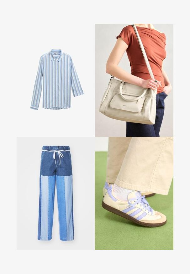 Camicia azzurro chiaro con righe verticali bianche e blu scuro, maniche lunghe arrotolate ai polsi e design con collo classico.; Pantaloni in denim blu con un design a patchwork in diverse sfumature di blu, vita con cordoncino e gambe ampie e dritte.; Sneakers crema e lavanda con tre strisce e suola marrone texturizzata, dotati di lacci e tallone imbottito. Parte superiore in tessuto morbido.; Borsa a tracolla bianca in pelle con doppi manici e tracolla staccabile, dotata di una tasca con zip frontale e texture liscia. Portata al braccio di una persona.