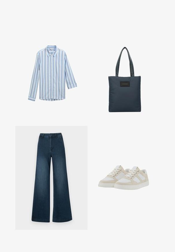 Lichtblauw overhemd met verticale witte en donkerblauwe strepen, lange mouwen opgerold bij de manchetten, en een klassieke kraag.; Donkerblauwe hoge taille wijde spijkerbroek met front pockets en riemlussen op een witte achtergrond.; Beige en witte sneakers met een gestructureerde bovenkant, vetersluiting en gevoerde kraag. Voorzien van drie witte zijstrepen en een rubberen zool.; Marineblauwe draagtas van glad nylon, met twee gestructureerde handvatten en een zwart rechthoekig logo-opdruk op de voorkant.