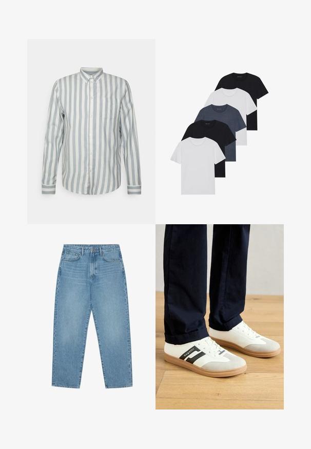 Camisa de botones en azul claro y rayas blanco roto. Cuenta con un collar clásico, mangas largas y un bolsillo en el pecho. Tejido suave, corte relajado.; Conjunto de cinco camisetas en negro, blanco y azul marino. Tejido de algodón, de manga corta, diseño de cuello redondo y textura lisa sin patrones.; Jeans de denim azul claro de pierna ancha con cintura alta, que cuentan con cinco bolsillos, trabillas para cinturón y una textura suave y ligeramente deslavada.; Zapatillas blancas y grises con rayas negras, hechas de cuero, con suela de goma y cordones planos. Llevadas con pantalones color navy sobre un suelo de madera.