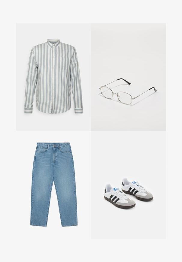 Button-up shirt in light blue and off-white stripes. Features a classic collar, long sleeves, and a chest pocket. Soft fabric, relaxed fit.; Set of five t-shirts in black, white, and navy blue. Cotton fabric, short sleeves, crew neck design, and plain texture with no patterns.; Light blue denim wide-leg jeans with a high waist, featuring five pockets, belt loops, and a soft, slightly faded texture.; Sport shoes with a white leather upper, gray suede toe, and three black stripes. Features a blue logo on the tongue and a textured rubber sole.; Metal eyeglasses with an oval frame, silver bezels, and clear lenses. Slim, straight arms with black tips, minimalist design.