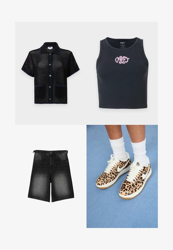 Črna pletena majica s kratkimi rokavi z mrežastim vzorcem, modrim obrobom na ovratniku in robovih žepov, z gumbi spredaj.; Črn rebrast kratki top iz bombaža z okroglo vratno ilo in rožnato vezenim logotipom "OBEY" čez prsi.; Črne denim kratke hlače z izbledelim videzom, petimi žepi, gumbom za zapiranje in zankami za pas. Tkanina ima gladko teksturo.; Teniske Nike Air Force 1 z leopardjim vzorom, belimi vezalkami in Swooshom, z tan barvnim gumijastim podplatom in teksturiranim zgornjim delom. Vidne bele crew nogavice.