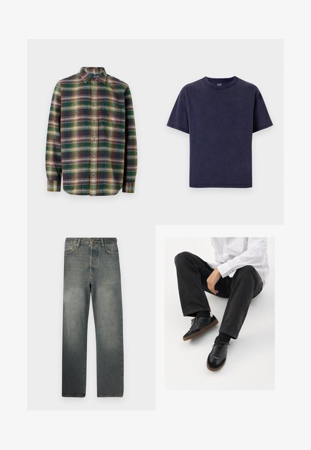 Long-sleeve plaid shirt featuring green, navy, and orange tones, button-up front, spread collar, and soft, textured fabric.; Navy cotton T-shirt with a crew neckline, short sleeves, and a relaxed fit. Features a solid color and no visible patterns or accents.; Jack & Jones JJIALEX JJCOOPER - Baggy Jeans - black denim; Black sneakers with a smooth and textured upper, featuring a rubber sole and dark laces. Paired with black jeans and a white striped shirt.