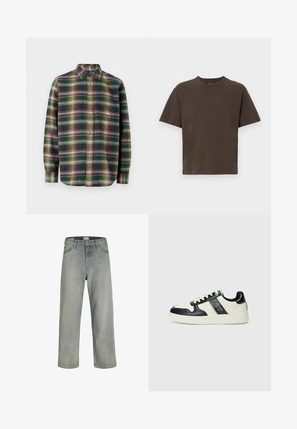 Langermet rutete skjorte med grønne, marineblå og oransje toner, knappefront, spredt krage og myk, teksturert stoff.; Brun bomull T-skjorte med kort erme og rund hals. Glatt tekstur, minimalistisk design, ingen mønstre eller tilleggdetaljer.; Lys grå, løstsittende jeans laget av denim. Har en klassisk fem-lomme-design, beltehemper og en rett ben-silhuett.; Lædersneakers med sort og creme farveskema, der har perforerede detaljer, en polstret krave og en struktureret ydersål.