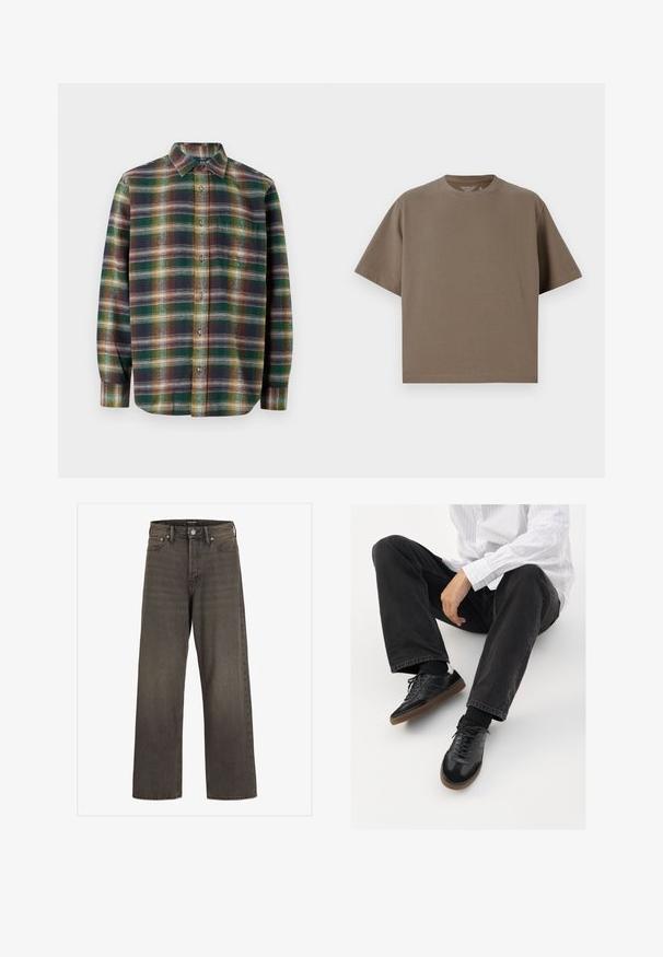 Long-sleeve plaid shirt featuring green, navy, and orange tones, button-up front, spread collar, and soft, textured fabric.; Brown, short-sleeve t-shirt made of soft fabric with a round neckline. Features a relaxed fit and simple hem detailing.; Wide-leg jeans in dark grey denim, featuring a high waist, classic five-pocket design, and contrasting stitching along the seams.; Black sneakers with a smooth and textured upper, featuring a rubber sole and dark laces. Paired with black jeans and a white striped shirt.