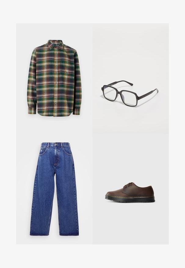 Long-sleeve plaid shirt featuring green, navy, and orange tones, button-up front, spread collar, and soft, textured fabric.; White short-sleeve t-shirt made of soft cotton. Features a crew neck and relaxed fit, with a smooth texture and clean, unadorned design.; Wide-leg, blue denim jeans with a high waist, featuring five pockets, a button closure, and subtle fading for texture.; Brown leather lace-up shoe with a rounded toe, black rubber sole, and yellow stitching accents along the sole edge.; Black rectangular eyeglasses with clear lenses, featuring a flat bridge and slender arms, showcasing a smooth plastic texture.