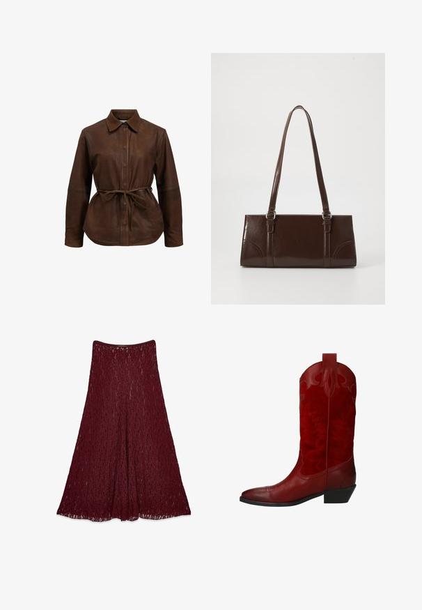 Bruin leren overhemdjack met een knoopsluiting aan de voorkant, puntige kraag en verstelbare tailleband. Heeft lange mouwen en een licht gebogen zoom.; Rood en paarse langemouwen top met een kwart ritssluiting, voorzien van een Nike-logo op de borst en een getailleerd ontwerp met een gladde textuur.; Lange bordeaux laken rok met een A-lijn silhouet en semi-doorzichtig bloemenpatroon.; Rode cowboylaars van een combinatie van glad leer en textuur-suède, met decoratieve stiksel en een lage hak.; Bruine lakleren handtas met een rechthoekige vorm, twee lange handvatten en subtiele gebogen accenten aan de voorkant.