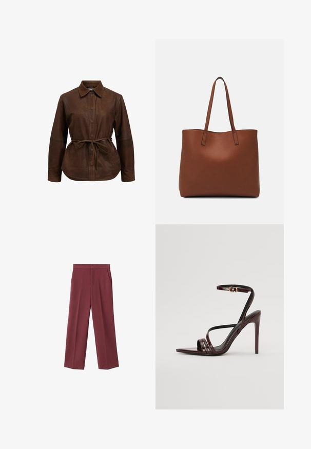 Giacca camicia in pelle marrone con chiusura a bottoni, colletto appuntito e cintura regolabile in vita. Presenta maniche lunghe e un orlo leggermente curvo.; Pantaloni larghi bordeaux con una texture liscia, caratterizzati da tasche laterali e una vita alta. Rifiniti con una piega frontale pulita.; Sandal con tacco alto in pelle verniciata borgogna, con cinturino alla caviglia, punta appuntita e tre cinturini orizzontali sul piede. Dettaglio della fibbia in tonalità oro.; Borsa tote in pelle marrone con texture liscia, design con apertura superiore e due spallacci. Presenta cuciture minime e nessun hardware visibile.