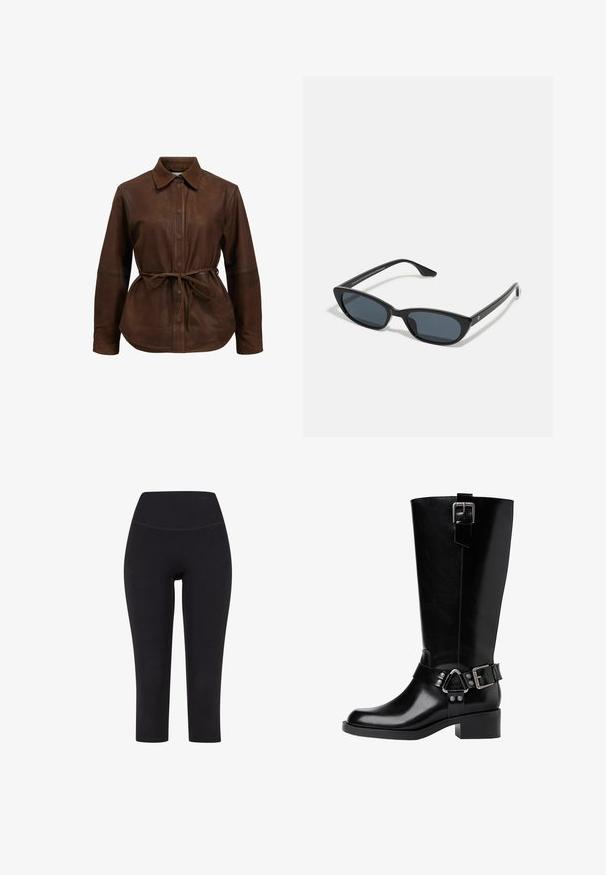 Hnědá kožená košile s bundovým střihem a zapínáním na knoflíky, se špičatým límcem a nastavitelným páskem v pase. Má dlouhé rukávy a mírně zakřivený lem.; Černé legíny tříčtvrteční délky vyrobené z elastického materiálu, s vysokým pasem a bez viditelných vzorů či kovových prvků.; Černá kožená vysoká bota po kolena s kulatou špičkou, masivním podpatkem, nastavitelným popruhem s kovovými akcenty a lesklým povrchem.; Černé sluneční brýle typu cat-eye s tmavými skly, plastovým rámem, úzkými nohami a jemným brandingem na vnitřní straně ramene. Matte povrchová textura.