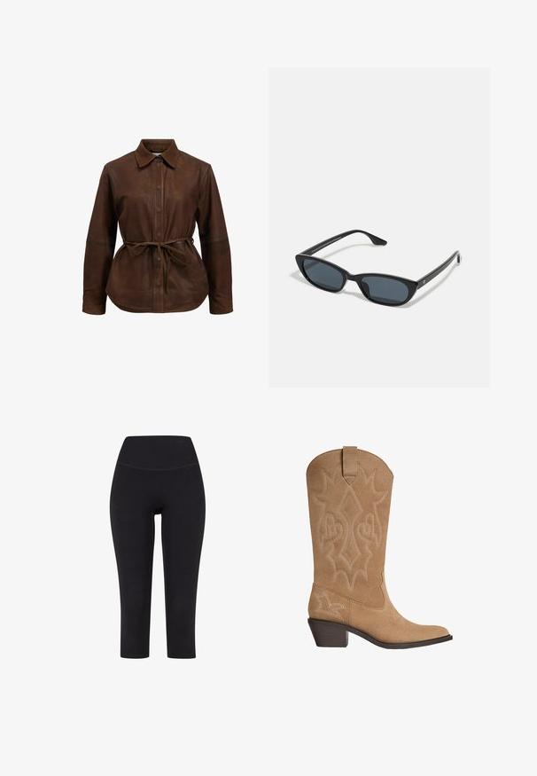Giacca camicia in pelle marrone con chiusura a bottoni, colletto appuntito e cintura regolabile in vita. Presenta maniche lunghe e un orlo leggermente curvo.; Leggings neri a tre quarti realizzati in tessuto elasticizzato, con una vita alta e senza motivi o hardware visibili.; Stivale da cowboy in suede color beige con ricami decorativi, tacco medio impilato e linguetta sulla gamba.; Occhiali da sole cat-eye neri con lenti scure, montatura in plastica, stanghette sottili e una leggera marca sulla parte interna del braccio. Finitura opaca.
