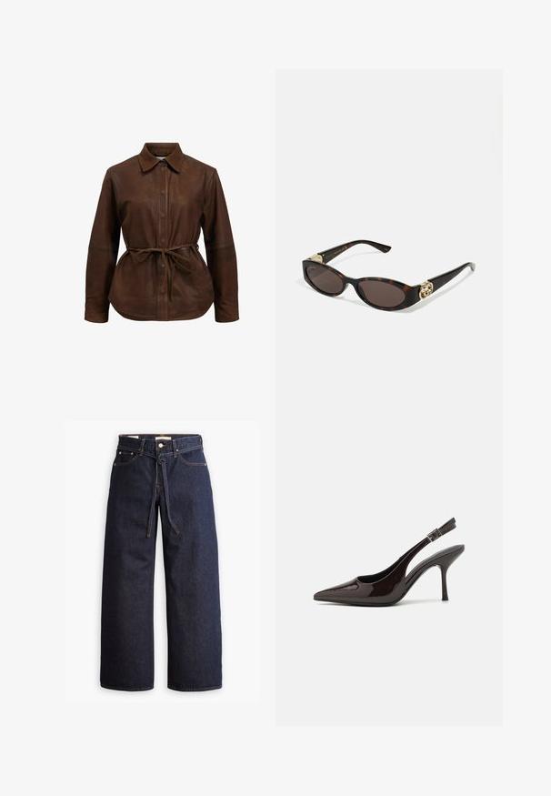 Smeđa kožna košulja-jakna s gumbima sprijeda, šiljatom ovratniku i podesivim pojasom u struku. Ima duge rukave i blago zakrivljen rub.; Široke tamnoplave traperice s visokim strukom, s vezicom, pet džepova i kontrastnim detaljima šavova.; Sandalice na visokom potpetici od sjajnog tamnosmeđeg lakiranog kože, s oštrim vrhom, otvorenim stranama i podesivom naramenicom.; Suncane naočale od kornjačevine s izduženim ovalnim lećama, smešnim nijansama, zlatnim logotipom na drškama i elegantnim crnim krakovima.
