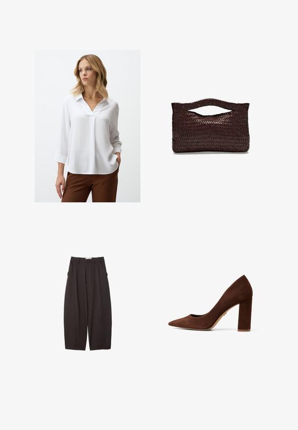 Weiße Bluse mit langen Ärmeln, V-Ausschnitt und strukturiertem Stoff. Verfügt über einen Kragen und Umschlagärmel. Kombiniert mit braunen Hosen.; Schwarze weit geschnittene Hosen aus einem glatten Stoff, mit hoher Taille, Frontfalten und Seitentaschen. Schlichtes Design ohne Verzierungen.; Braune Wildleder-Pumps mit spitzer Zehe und breitem Blockabsatz. Glatte Oberfläche und minimalistisches Design. Keine sichtbaren Beschläge oder Muster.; Braune geflochtene Lederhandtasche mit einem abgerundeten Obergriff und einer offenen Silhouette, die eine strukturierte Oberfläche und ein schlankes, minimalistisches Design aufweist.