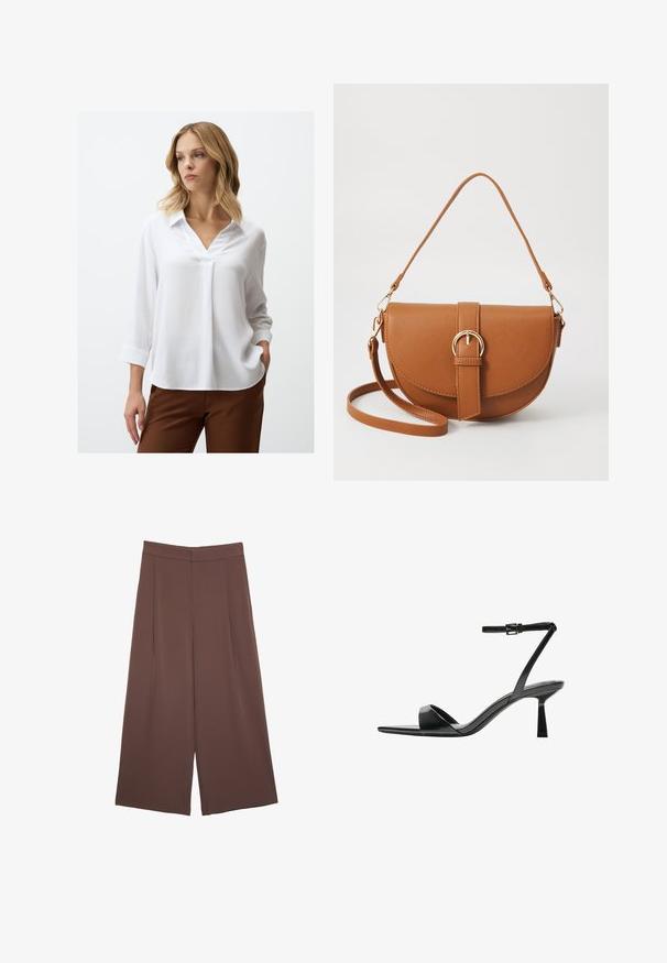 Witte blouse met lange mouwen, V-hals en textuurstof. Heeft een kraag en manchet mouwen. Gepaarde met een bruine broek.; Bruine wijde broek met een gladde textuur, voorzien van een hoge taille en plooien aan de voorkant. De stof is lichtgewicht en valt losjes.; Bershka Sandalen met hoge hak - black; Bruine leren schoudertas met een gebogen vorm, gouden hardware en een gespaccent. Bevat een afneembare schouderriem.