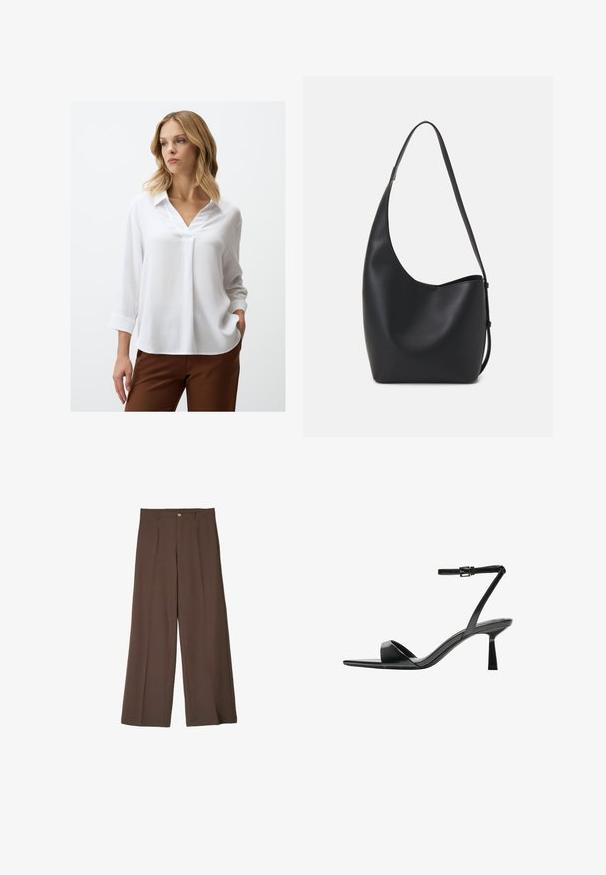 Blouse blanche à manches longues avec un col en V et un tissu texturé. Dotée d'un col et de manches à poignets. Associée à un pantalon marron.; Pantalons larges marron en tissu lisse, avec des plis à l'avant, une fermeture à bouton et des ourlets droits pour un ajustement soigné.; Bershka Sandales à talons hauts - black; Sac hobo en cuir noir avec une texture lisse, une forme incurvée et une seule sangle réglable ; dispose d'une large ouverture en haut.